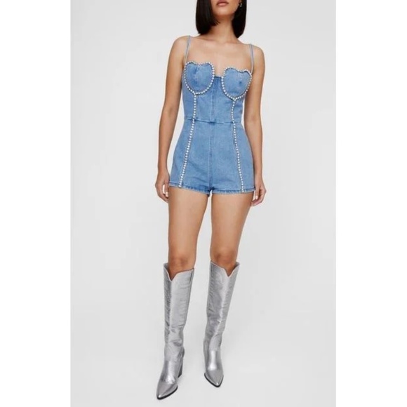 NWT Nasty Gal Heart Embellished Bustier Denim Romper - size 2 - Picture 2 of 8